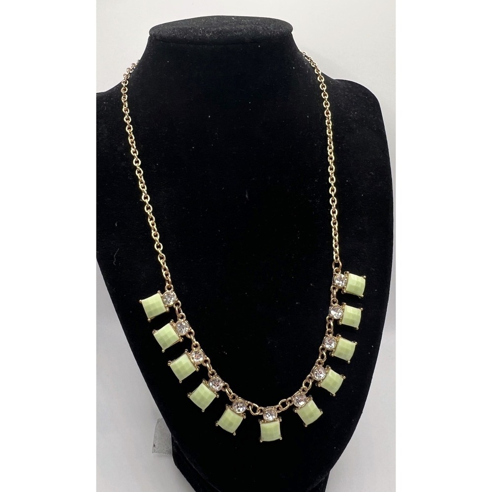 ETC Gold Tone Green Faceted Glass & Clear Rhinestone‎ Necklace 18"